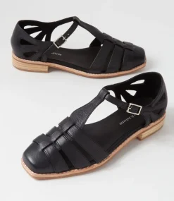 Acely Black Leather Flat Shoes