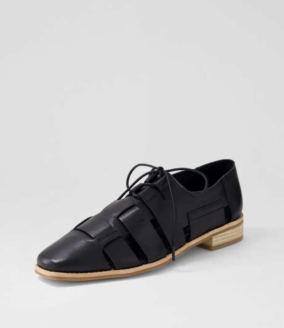 Alisane Black Leather Lace Up Flats