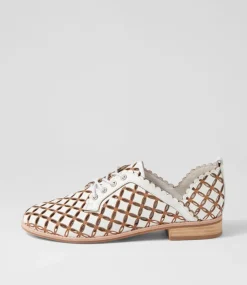 Allosier White Tan Leather Lace Up Flats