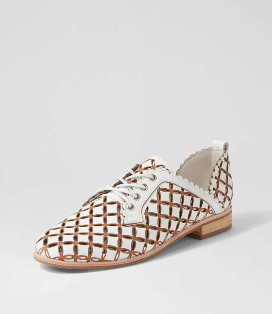 Allosier White Tan Leather Lace Up Flats