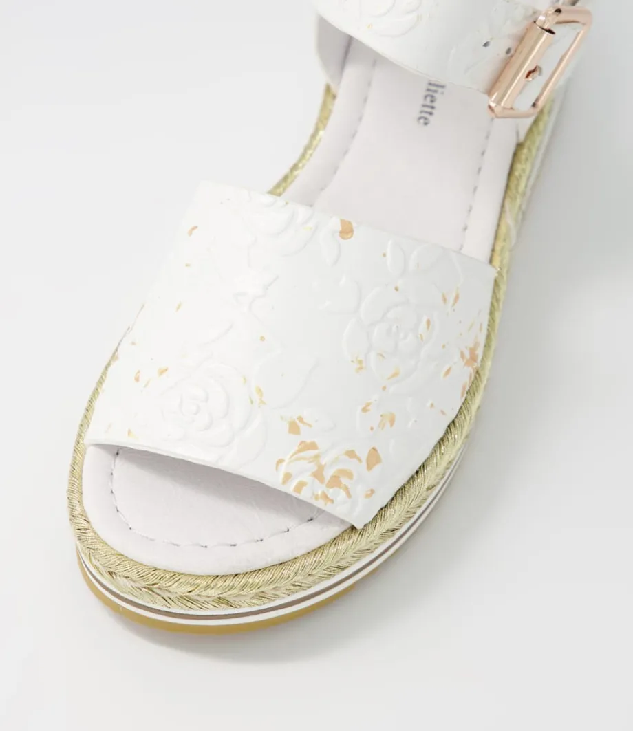 Amillent White Gold Flower Leather Espadrilles