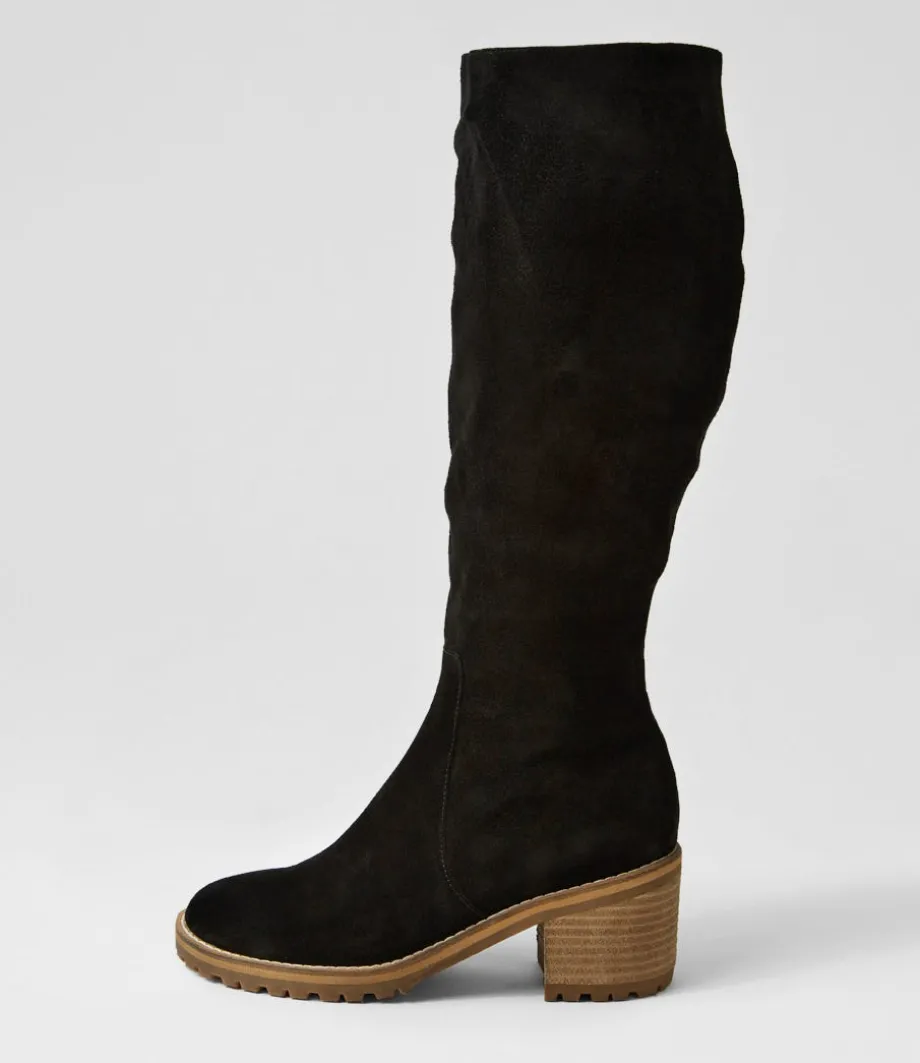 Balt Black Natural Heel Suede Knee High Boots