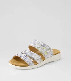 Barbra Xw Navy Silver Floral White Leather Slides