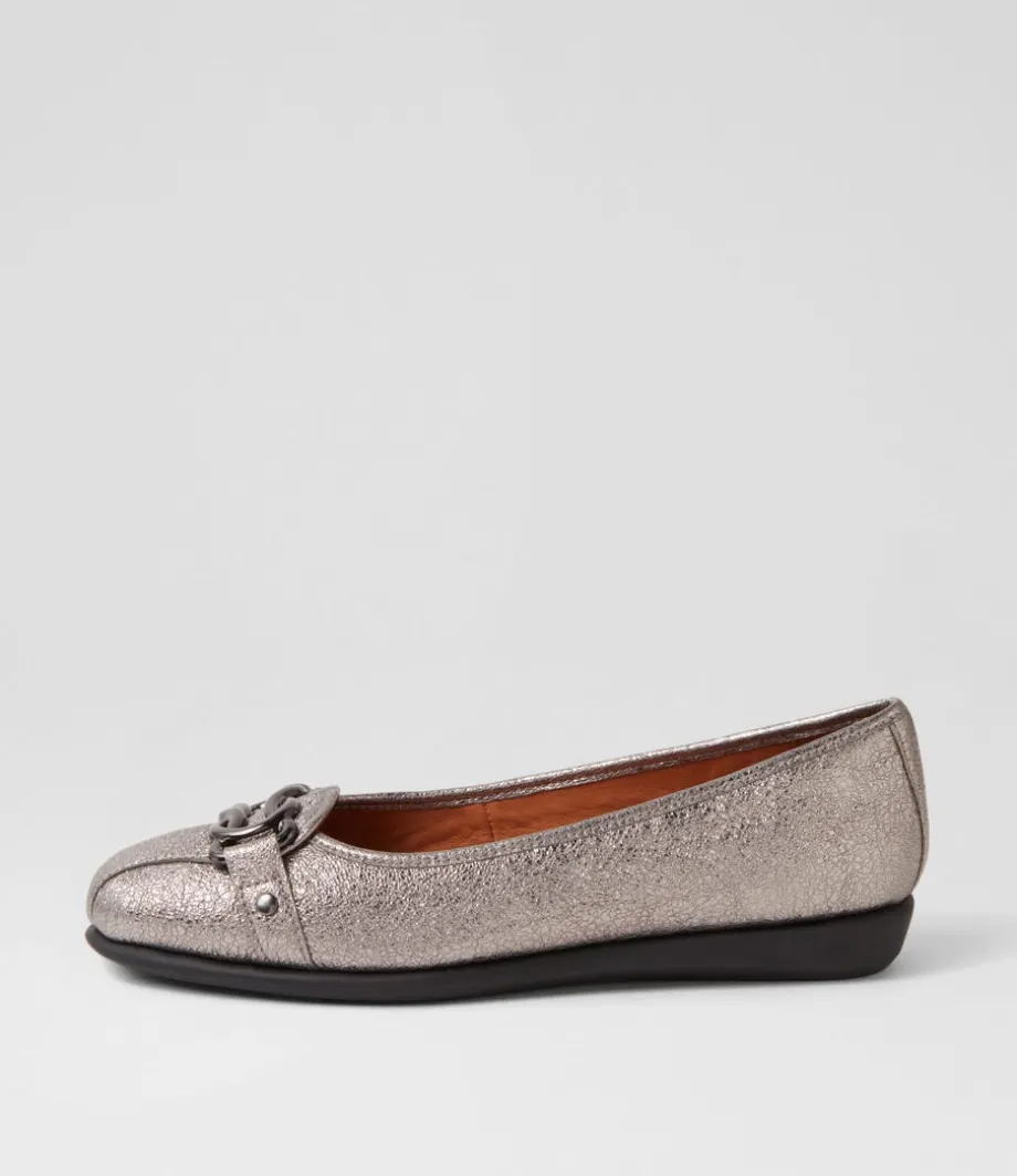 Elisse Gunmetal Foil Black Leather Ballet Flats