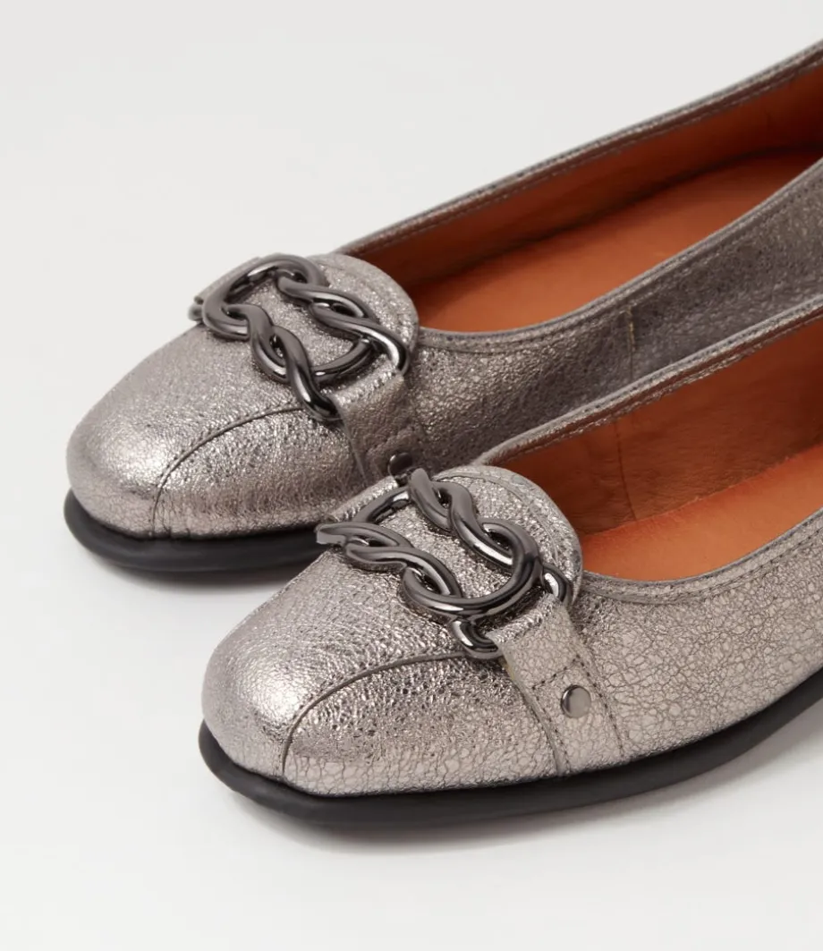 Elisse Gunmetal Foil Black Leather Ballet Flats