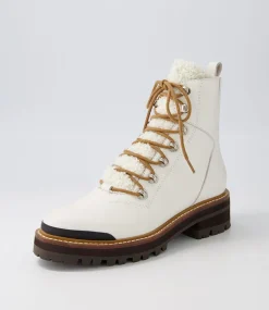 Fisher White Black Tumble Leather Lace Up Boots