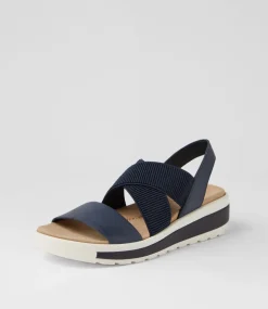 Grandys W Navy Leather Elastic Sandals