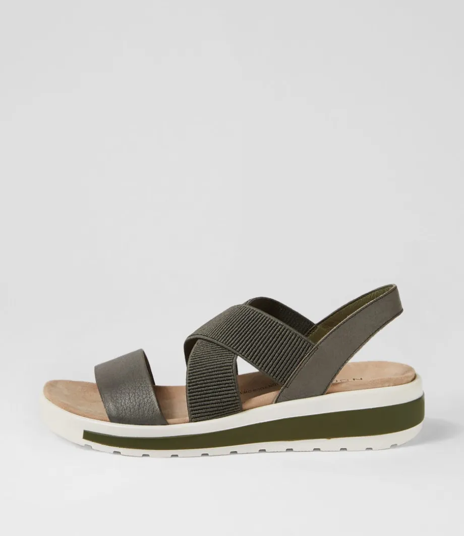 Grandys W Olive Leather Elastic Sandals