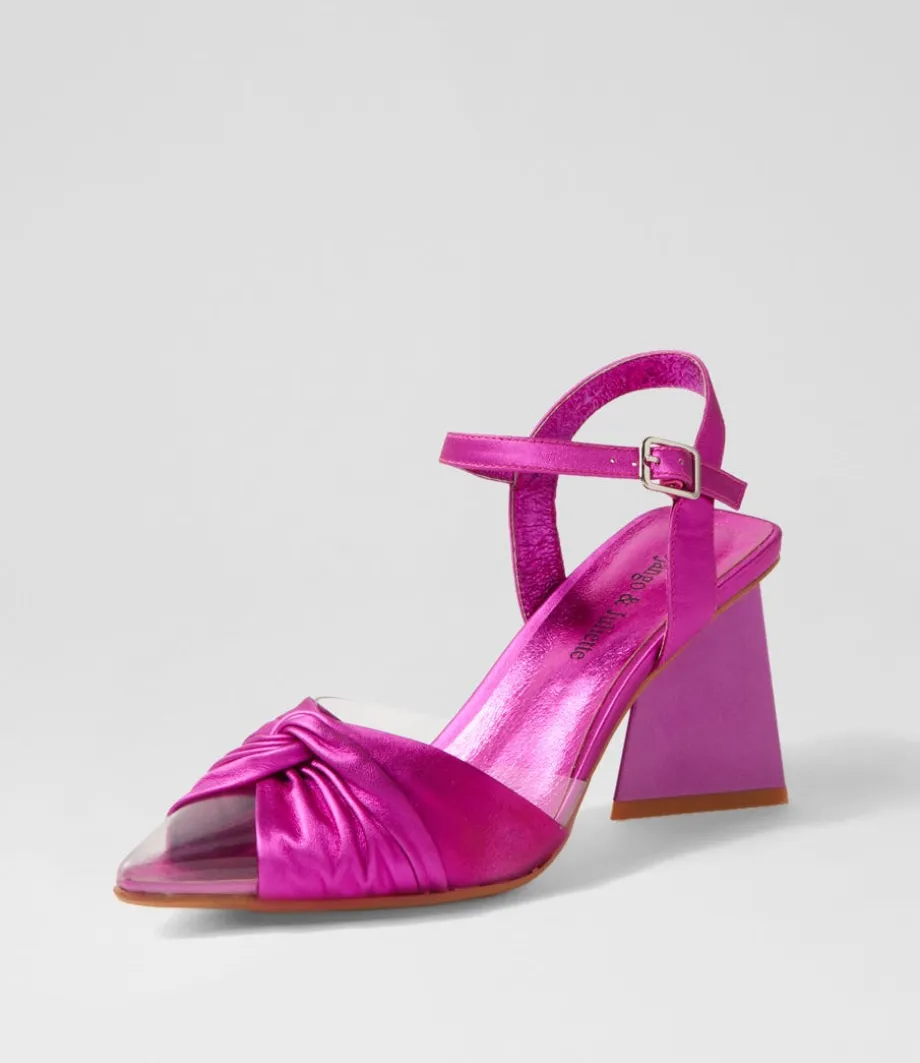Hivon Clear Fuchsia Satin Vinylite Leather Heels