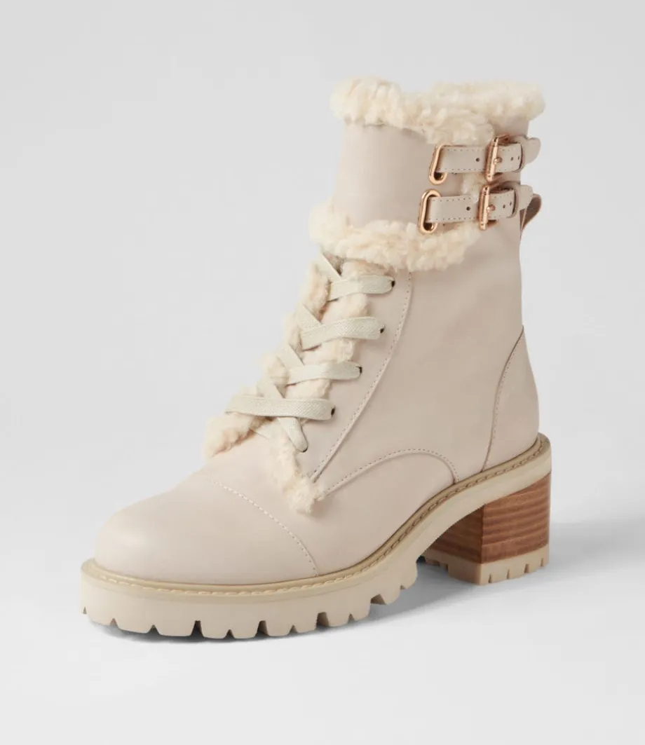 Jenifa Almond Off White Leather Fur Lace Up Boots