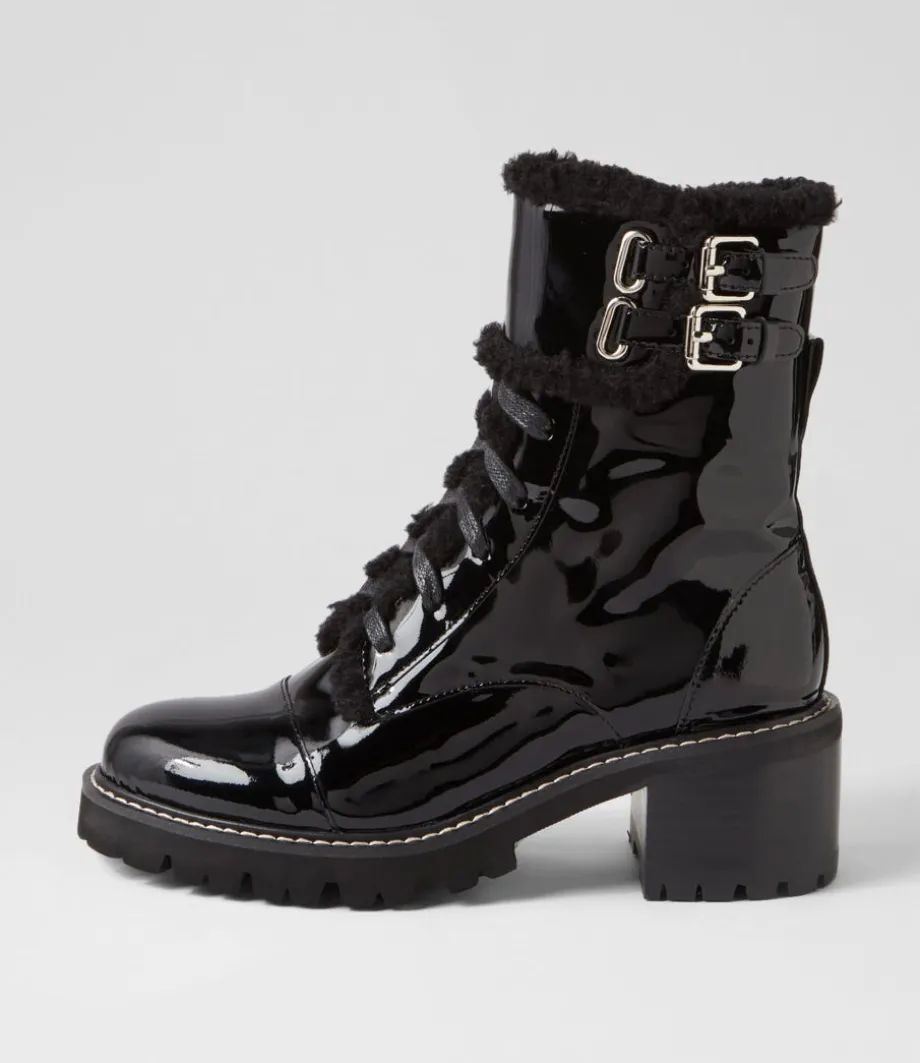 Jenifa Black Patent Fur Lace Up Boots