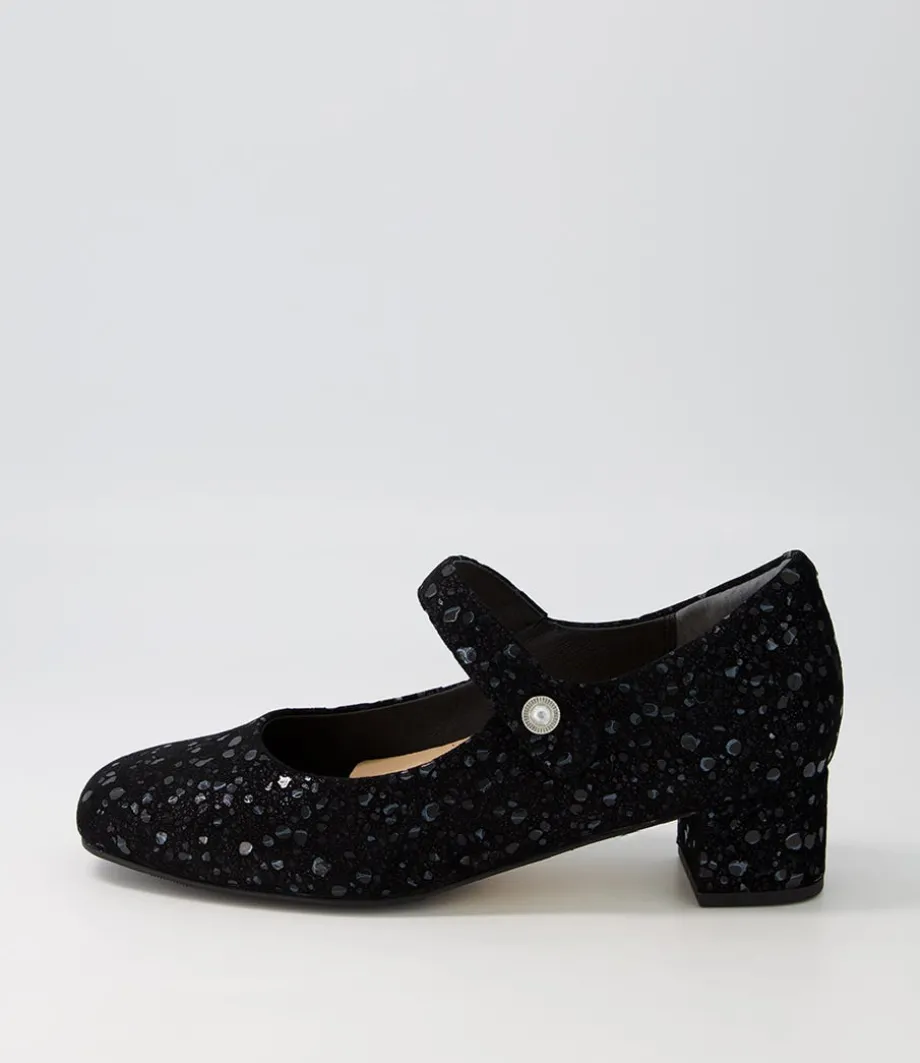 Kitty W Black Sparkle Suede Mary Jane Heels