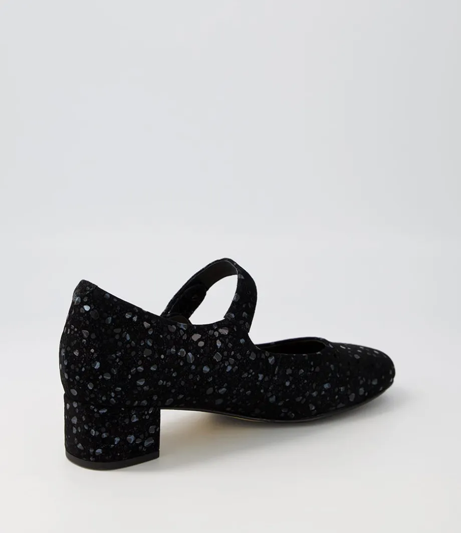 Kitty W Black Sparkle Suede Mary Jane Heels