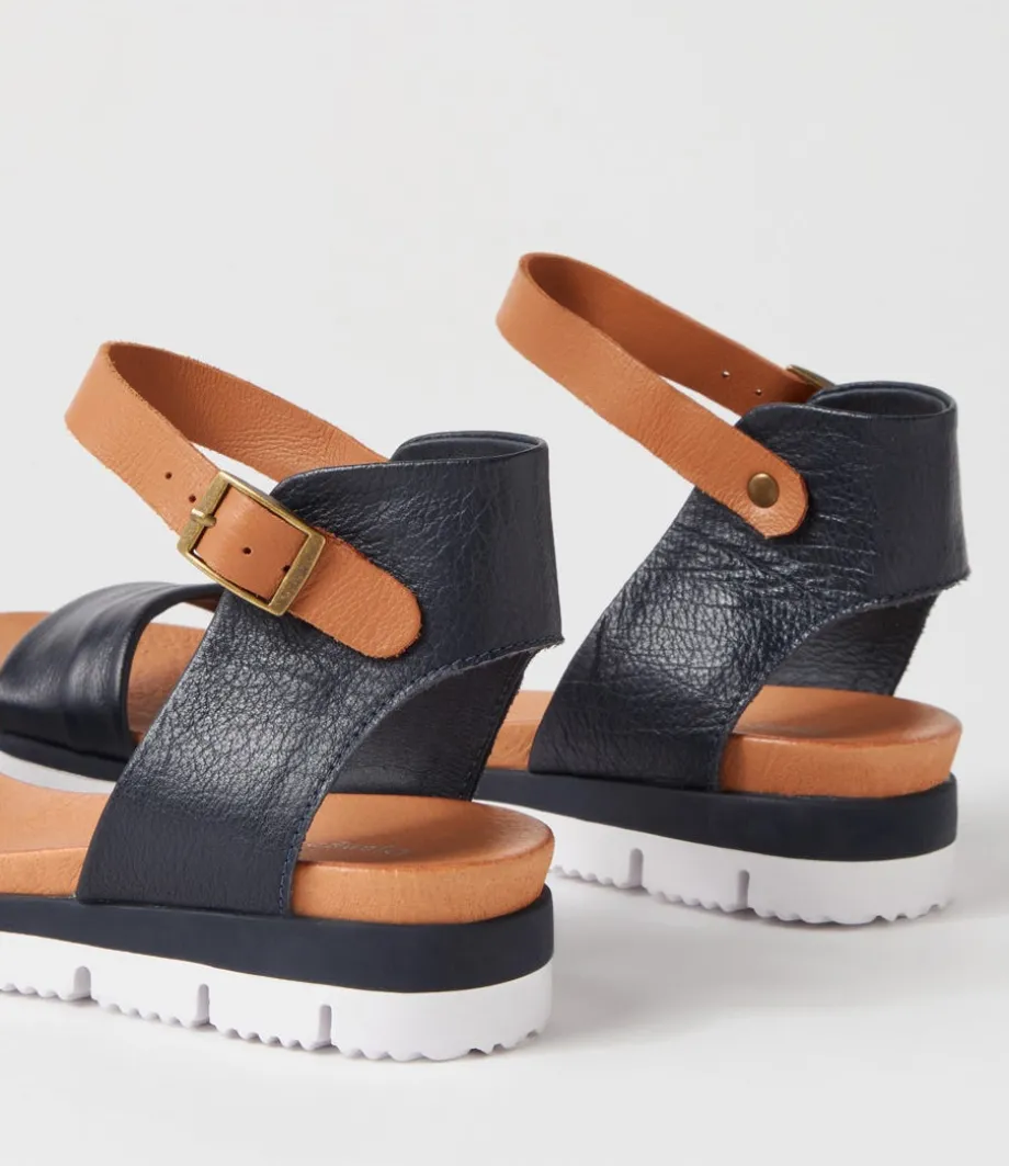 Londona Navy Dark Tan Leather Sandals