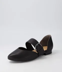 Loraa W Black Buckle Leather Ballet Flats