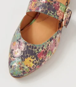 Loraa W Green Floral Leather Flat Shoes