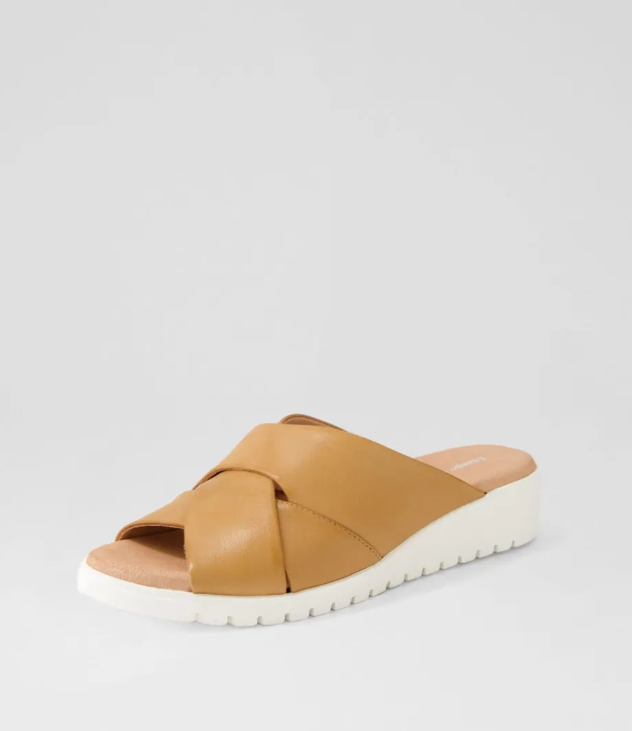 Mith Dark Tan White Leather Slides