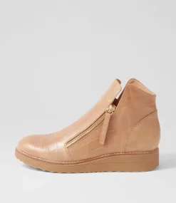 Ohmyes Latte Croc Leather Ankle Boots