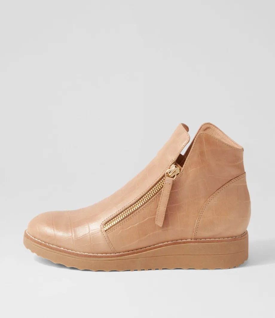 Ohmyes Latte Croc Leather Ankle Boots
