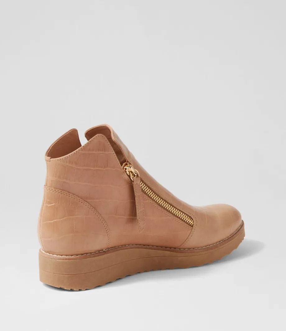 Ohmyes Latte Croc Leather Ankle Boots