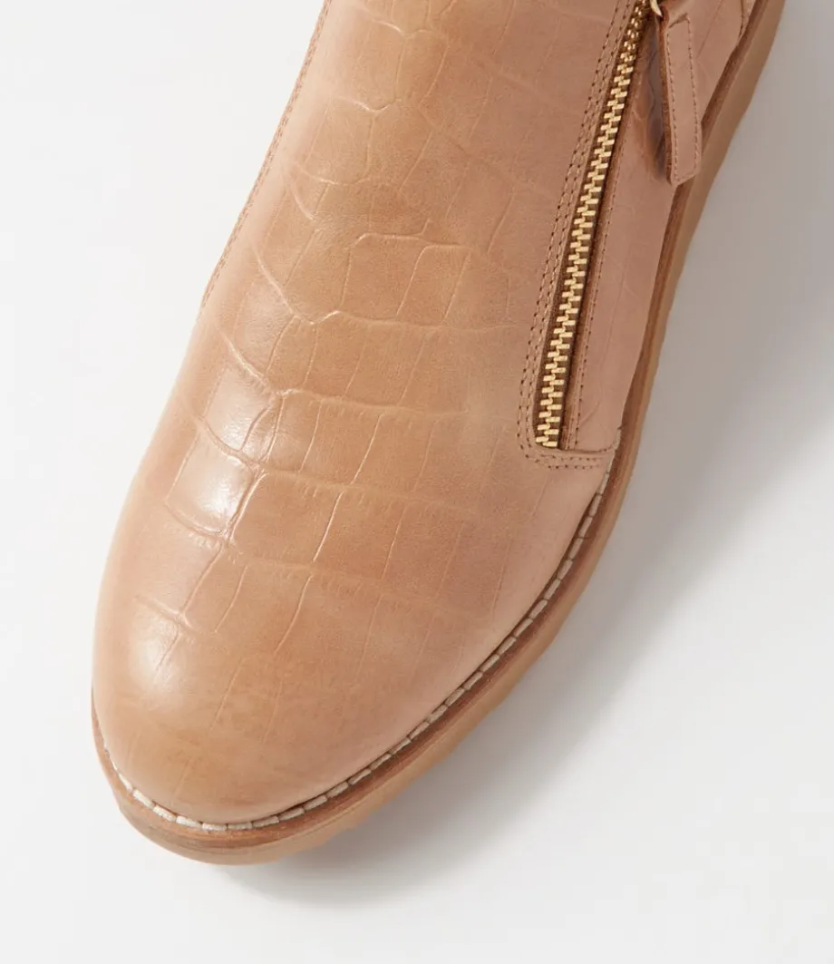 Ohmyes Latte Croc Leather Ankle Boots