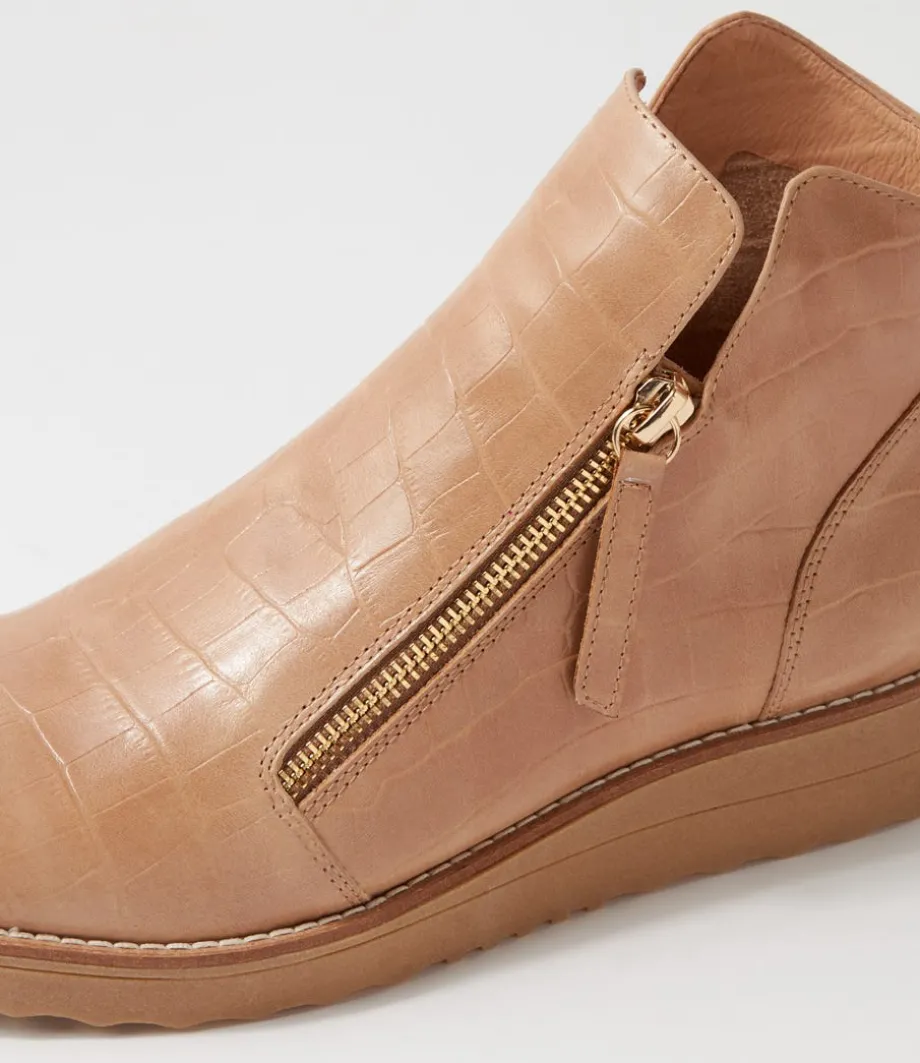 Ohmyes Latte Croc Leather Ankle Boots