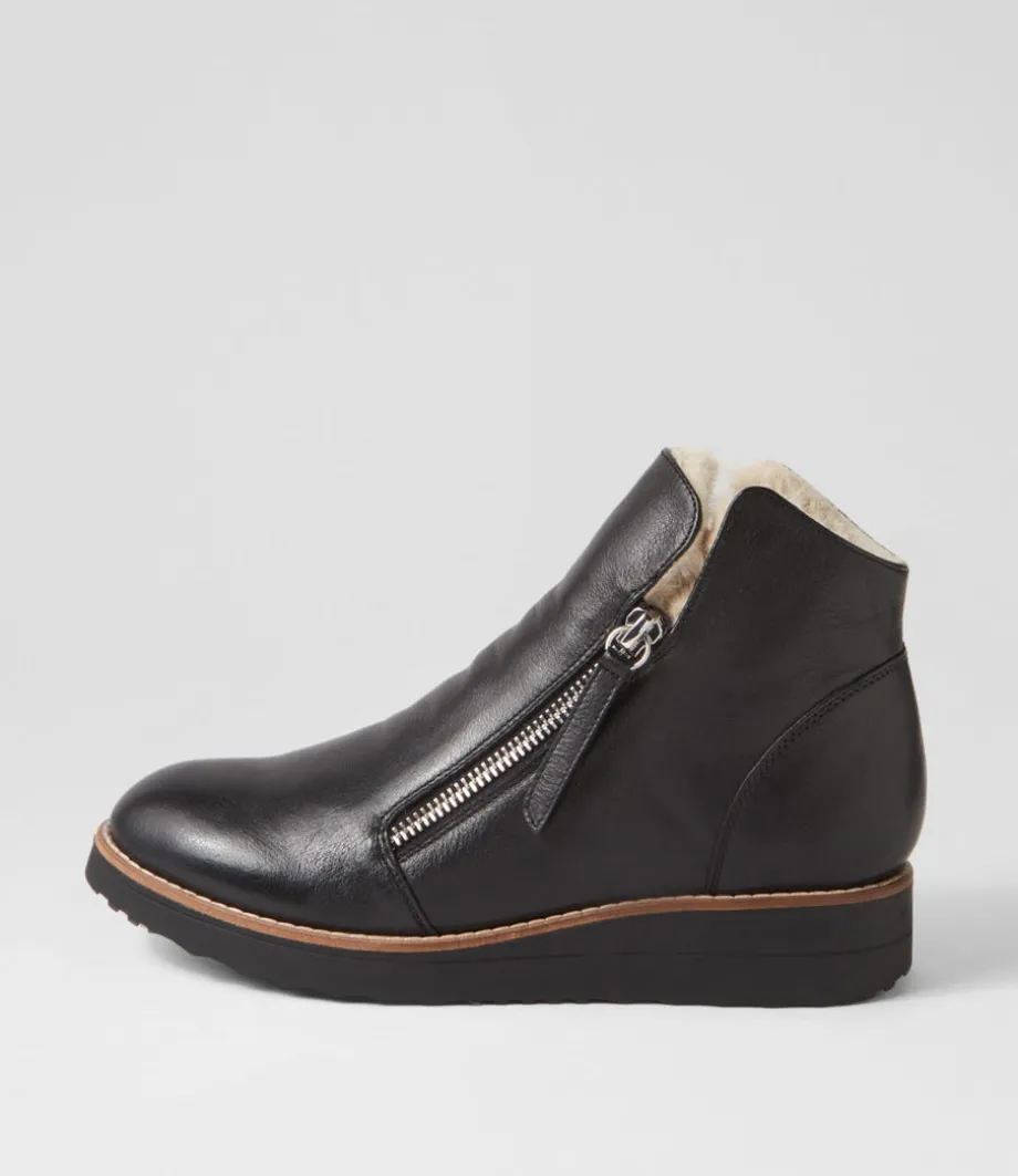 Opal Black Beige Leather Fur Ankle Boots