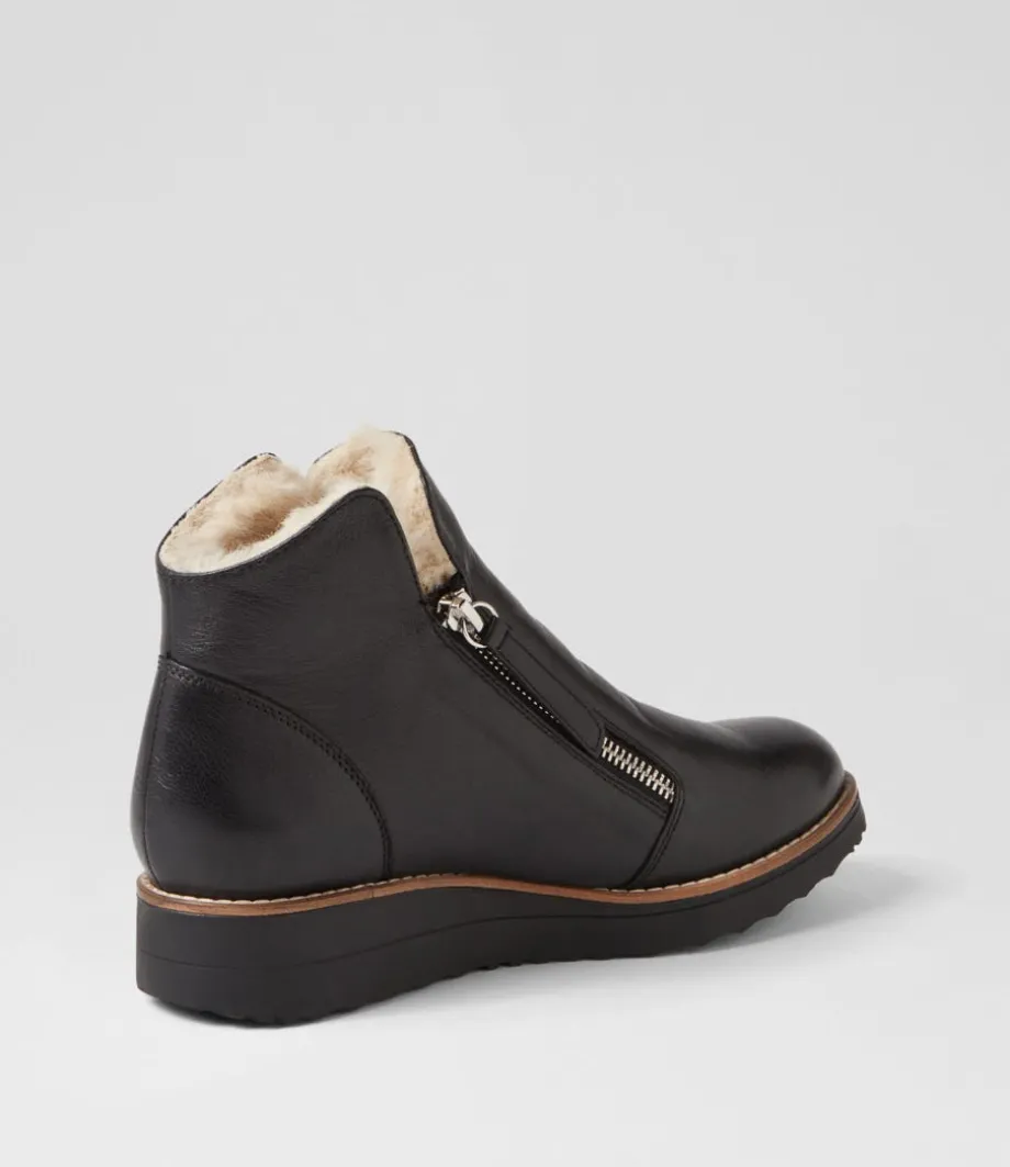 Opal Black Beige Leather Fur Ankle Boots