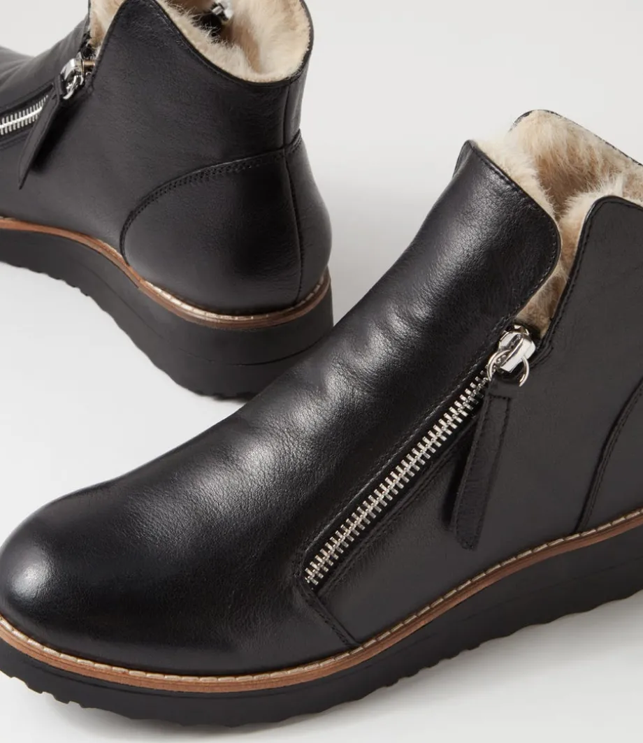 Opal Black Beige Leather Fur Ankle Boots