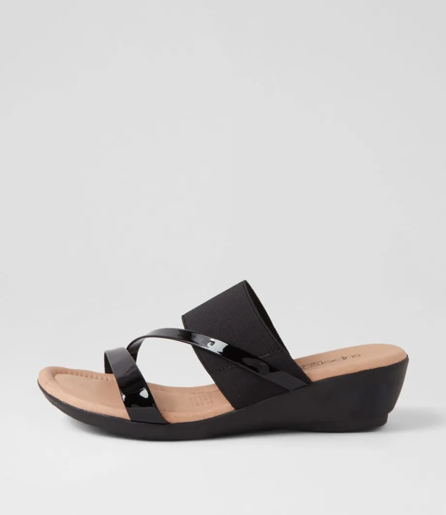Paralee Black Patent Elastic Slides