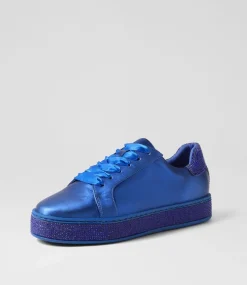 Pluma Cobalt Satin Leather Jewels Lace Up Flats