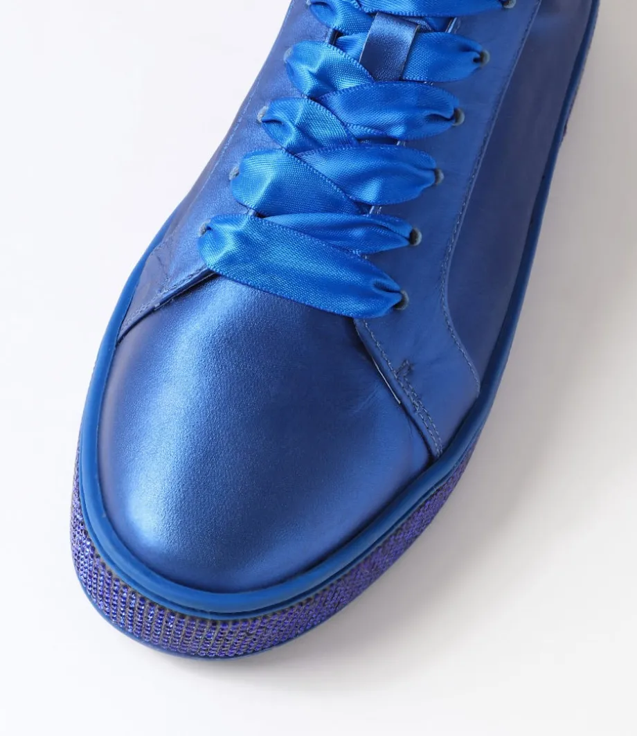 Pluma Cobalt Satin Leather Jewels Lace Up Flats