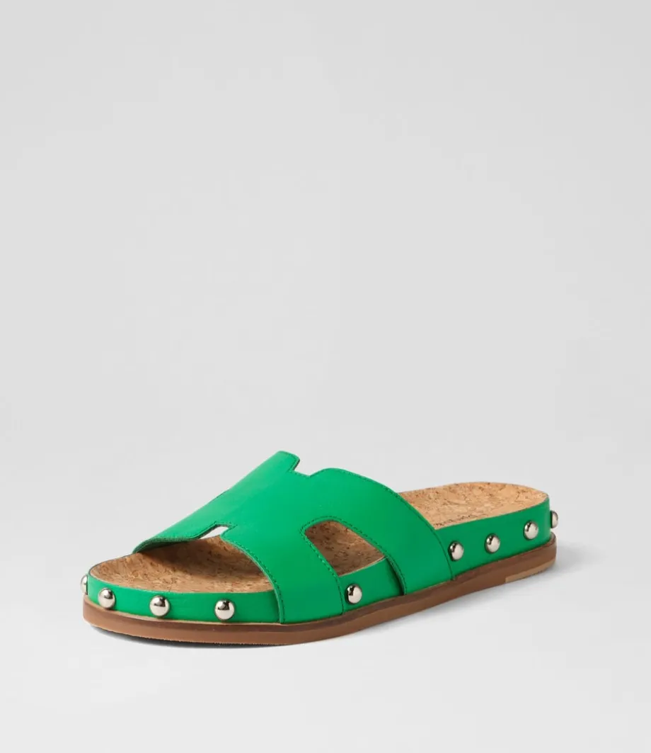 Quaden Bright Emerald Silver Leather Slides