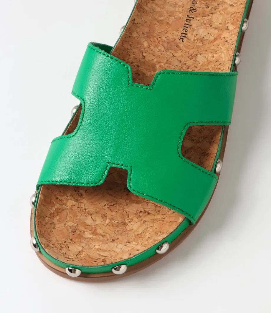 Quaden Bright Emerald Silver Leather Slides