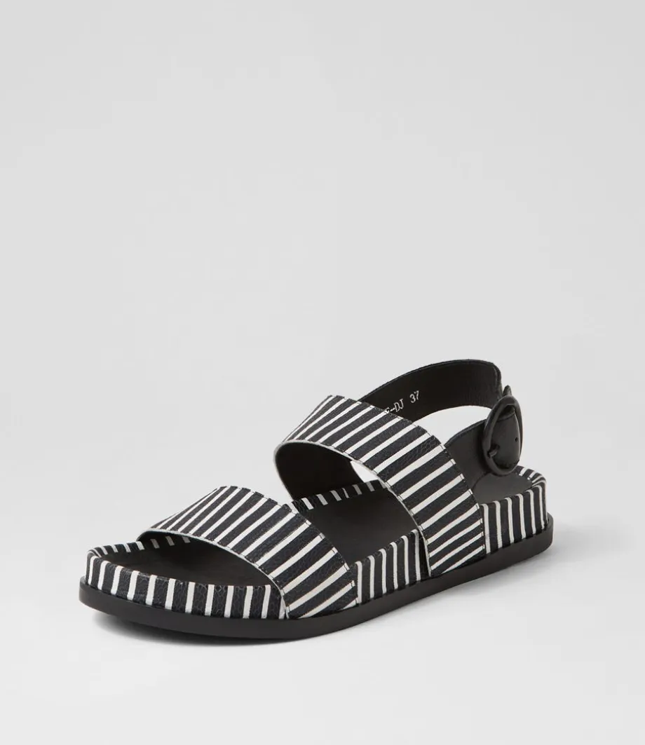 Quffle Black White Stripe Leather Sandals