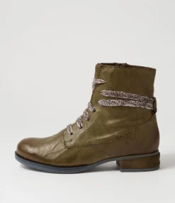 Sanja 18 Olive Leather Lace Up Boots