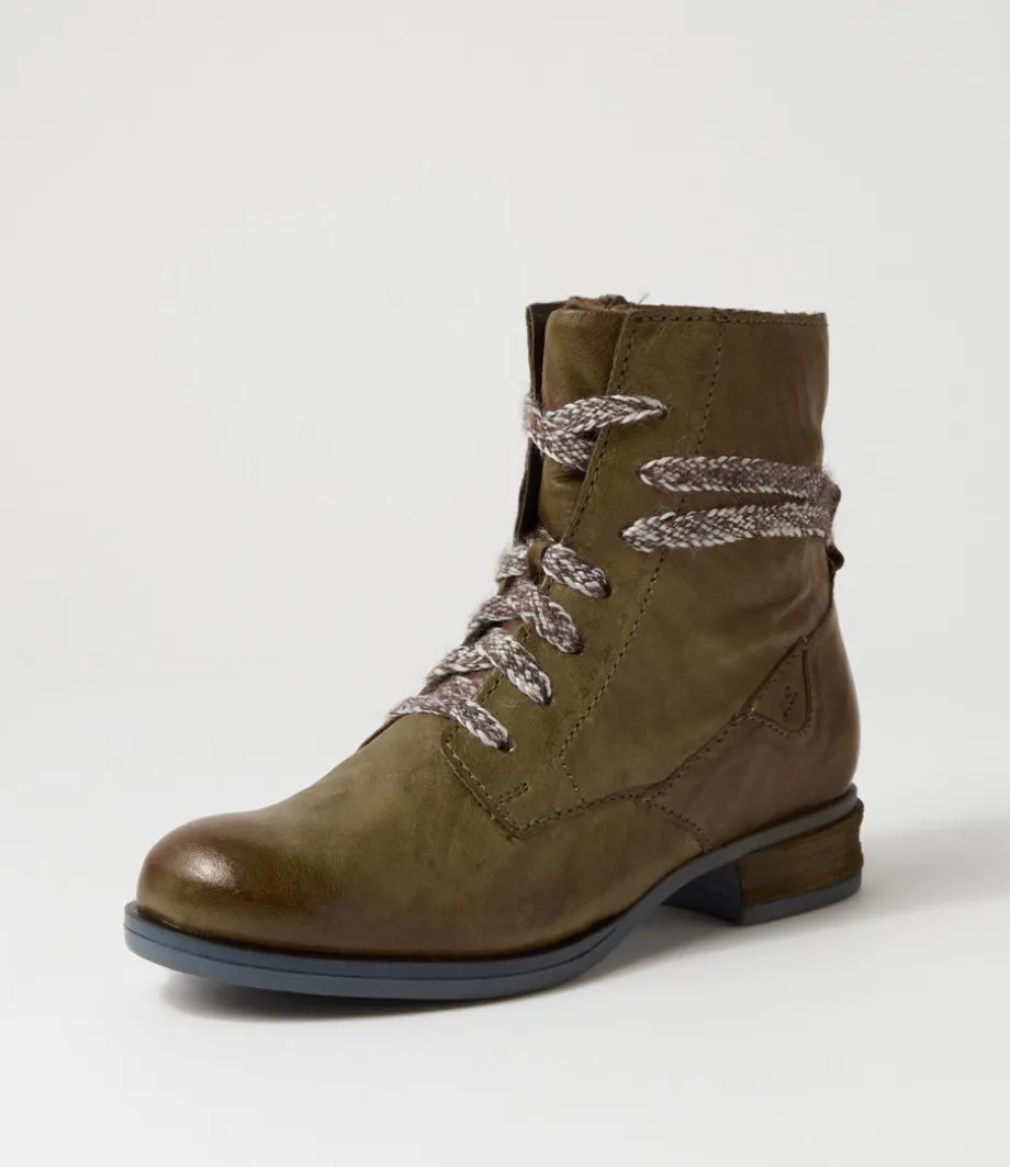 Sanja 18 Olive Leather Lace Up Boots
