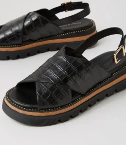Sasi Black Croc Leather Sandals