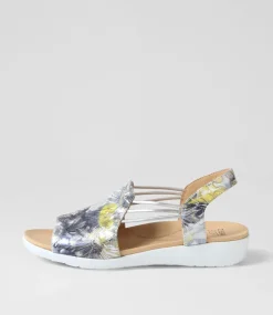 Udhays W Navy Silver Floral Leather Elastic Sandals