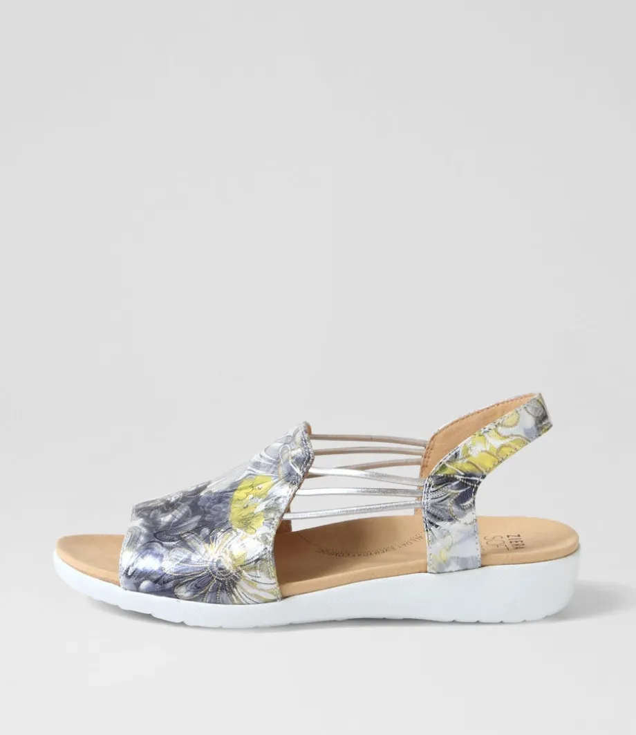 Udhays W Navy Silver Floral Leather Elastic Sandals