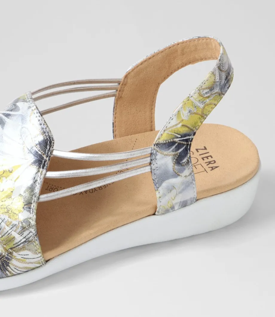 Udhays W Navy Silver Floral Leather Elastic Sandals