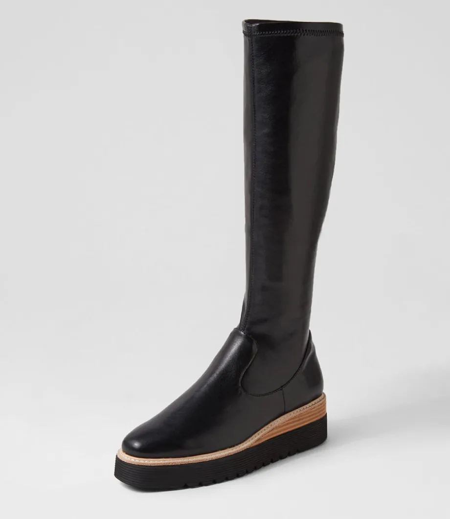 Udoe Black Natural Veneer Stretch Knee High Boots