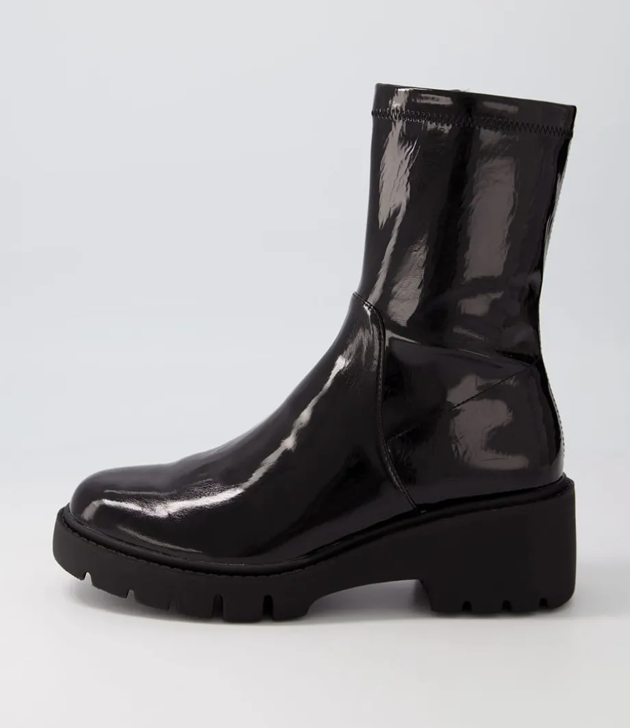 Urina Black Stretch Patent Pu Ankle Boots