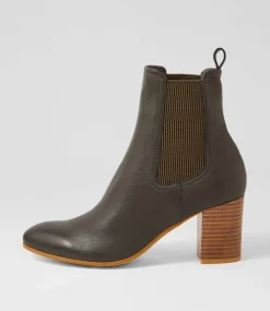 Usset Olive Elastic Leather Ankle Boots