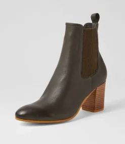 Usset Olive Elastic Leather Ankle Boots