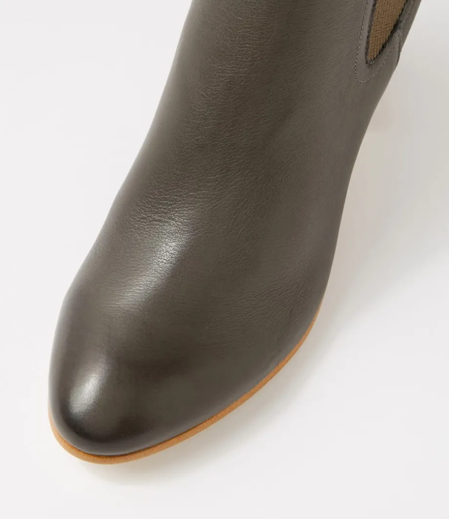 Usset Olive Elastic Leather Ankle Boots