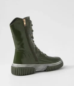 Yaintly Khaki White Patent Ankle Boots